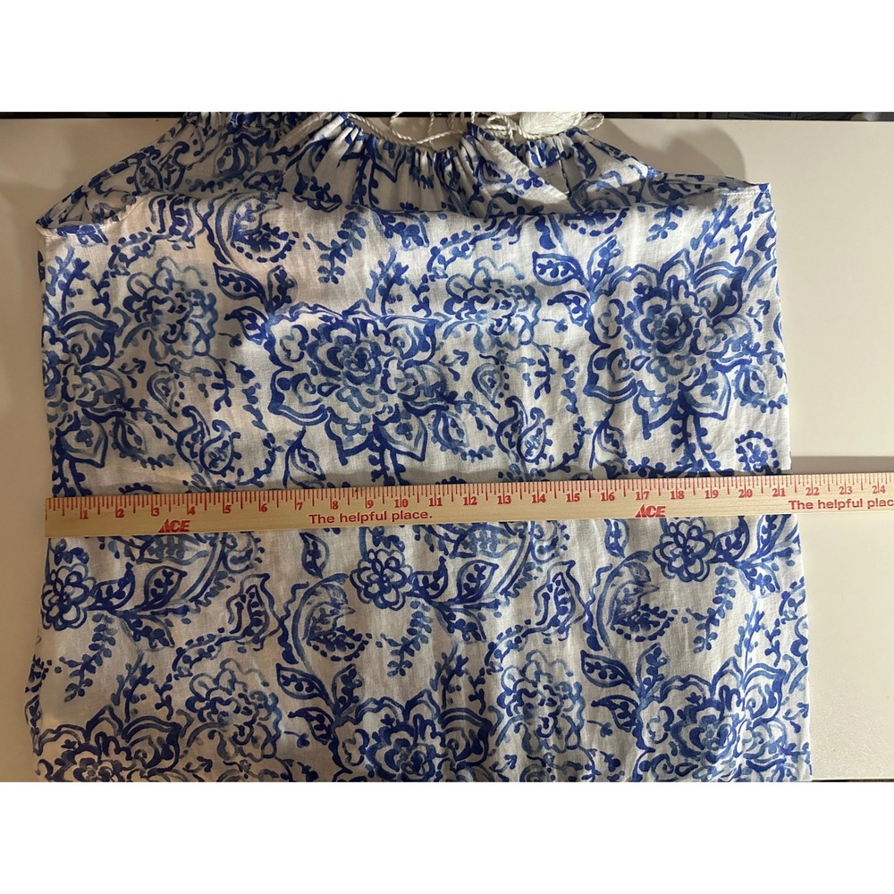 Caroline Constas Long Sun Dress Sz M Blue White Floral Halter Pockets Coastal - Picture 6 of 12